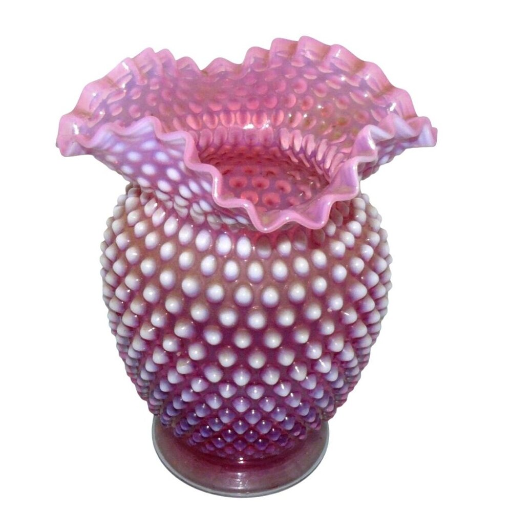 Fenton Cranberry Pink White Hobnail Opalescent Glass Vase Ruffled Edge Vtg MCM